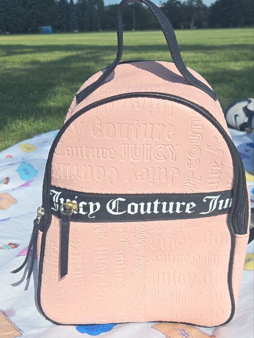 Juicy Couture Debossed Logo Backpack Vinyl Blush Pink Black Trim Word Play EUC